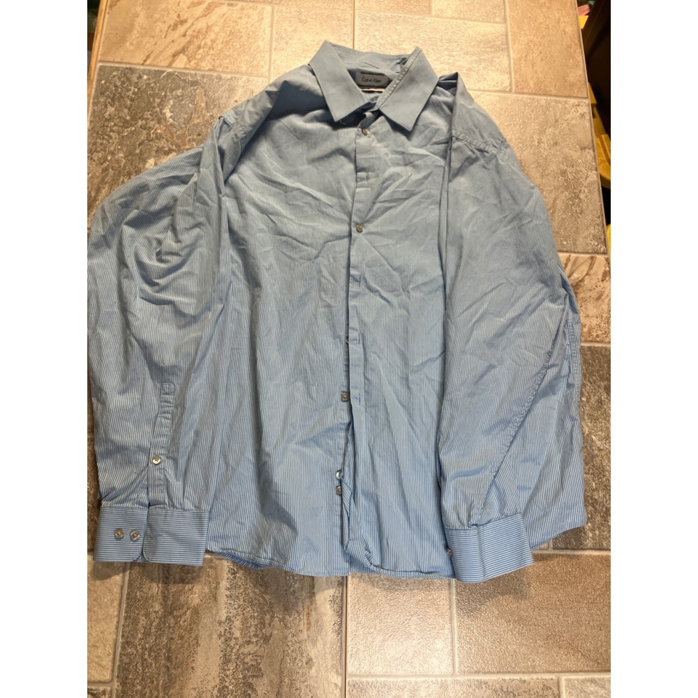 Calvin Klein Men's Light Blue‎ Pinstripe Dress Shirt Regular Fit Pima Cotton